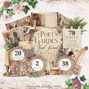 May include: A digital junk journal bundle titled The Poet's Garden, featuring 78 pages including papers, folios, ephemera, and fussy cuts. The collection displays vintage-style floral illustrations, wax seals, envelopes, candles, and tea cups.