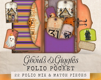 May include: A Halloween-themed folio pocket with various tags and embellishments. The design includes a haunted house, a ghost, and the text "October 31." The folio is orange, purple, and cream-colored, with the text "Ghouls & Giggles FOLIO POCKET" and "22 FOLIO MIX & MATCH PIECES".
