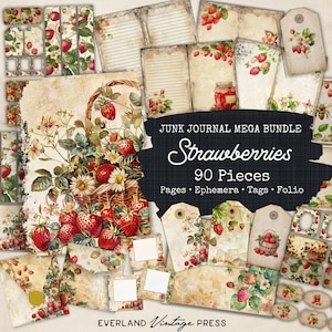 Strawberry Junk Journal Kit - 90 Pieces, Vintage Strawberry Ephemera, Strawberry Junk Journal Kit Extras, Ephemera Cards, Digital Collage