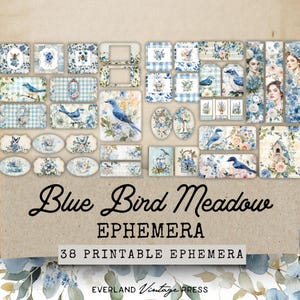 Blue Birds Junk Journal Ephemera, Blue Bird Junk Journal, 38 Piece Bird Ephemera Kit, Cottagecore Junk Journal Card, Vintage Blue Loaded Tag