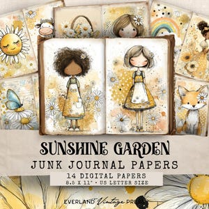 Puede incluir: Colecci&oacute;n de papeles digitales para diario basura con tem&aacute;tica de jard&iacute;n soleado. Los papeles presentan ilustraciones de margaritas, mariposas y personajes caprichosos en amarillo y blanco. El texto de la imagen dice "SUNSHINE GARDEN JUNK JOURNAL PAPERS 14 DIGITAL PAPERS 8.5 X 11 US LETTER SIZE".