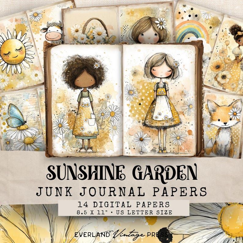 Puede incluir: Colecci&oacute;n de papeles digitales para diario basura con tem&aacute;tica de jard&iacute;n soleado. Los papeles presentan ilustraciones de margaritas, mariposas y personajes caprichosos en amarillo y blanco. El texto de la imagen dice "SUNSHINE GARDEN JUNK JOURNAL PAPERS 14 DIGITAL PAPERS 8.5 X 11 US LETTER SIZE".