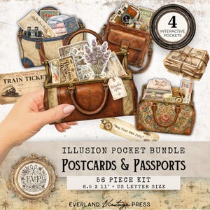May include: A 56-piece illusion pocket bundle kit titled Postcards & Passports, 8.5 x 11 inches. The kit features illustrations of vintage-style travel bags, train tickets, postcards, passports, a lavender bouquet, and a stack of letters.