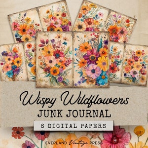 Watercolor Wildflowers Junk Journal, Wispy Wildflowers Junk Journal Kit, Junk Journal Paper, Digital Collage Sheet, Wildflower Ephemera