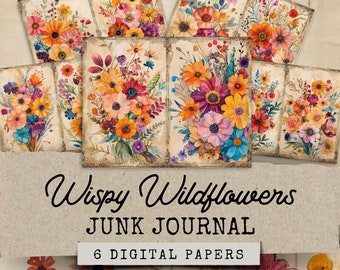 Akvarell vildblommor skräpjournal, spetsiga vildblommor skräpjournalkit, skräpjournalpapper, digitalt collageark, vildblomsephemera