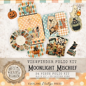 May include: A 34-piece Moonlight Mischief Viewfinder Folio Kit in 21.6 x 27.9 cm size. The kit includes a circular viewer, patterned paper folders, and various Halloween-themed die-cut stickers featuring ghosts, pumpkins, and monsters.