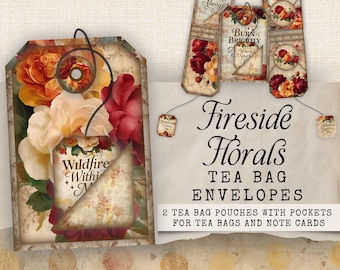 Shabby chic theezakje cadeau-envelop, afdrukbare theezakjeshouder, grillige afdrukbare theezakjes enveloppen, bloemen herfst ongewenste dagboek compleet