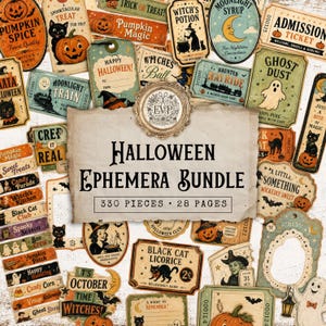 May include: A collection of vintage-style Halloween ephemera featuring 330 pieces across 28 pages. The set includes various paper tags, labels, and tickets with illustrations of pumpkins, black cats, ghosts, witches, and text like Halloween Ephemera Bundle.