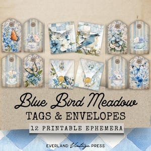 Blue Birds Junk Journal Tags, Mini Envelopes Junk Journal, Bird Ephemera, Cottagecore Waterfall Folio Template, Vintage Blue Loaded Tag