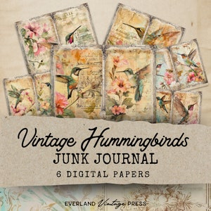 Hummingbird Junk Journal, Hummingbird Junk Journal Papers, 6 Digital Journal Pages, Printable Ephemera,Paper Craft Collage Sheet
