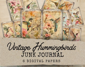 Hummingbird Junk Journal, Hummingbird Junk Journal Papers, 6 Digital Journal Pages, Printable Ephemera,Paper Craft Collage Sheet