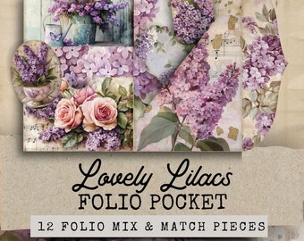 Lilac Junk Journal Folio Kit, Lavender Folio, 12 Shabby Chic Junk Journal Purple Printable Ephemera, Lavender Junk Journal Kit Extras,