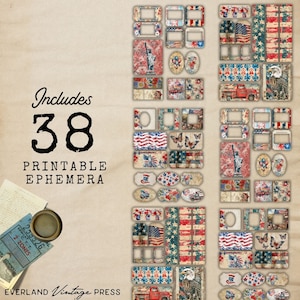May include: A set of 38 printable digital scrapbook paper elements featuring a patriotic theme with red, white, and blue colors. The elements include frames, banners, stars, butterflies, and other designs.