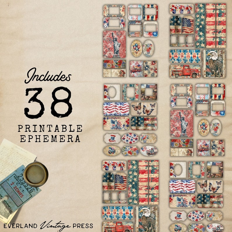 May include: A set of 38 printable digital scrapbook paper elements featuring a patriotic theme with red, white, and blue colors. The elements include frames, banners, stars, butterflies, and other designs.