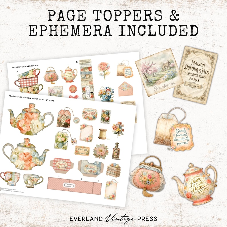 Shabby Chic Tea Hidden Paperclip, Junk Journal Digital Products Vintage ...