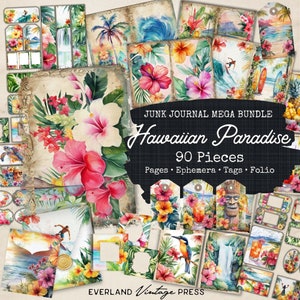 Hawaii Junk Journal-bundel - 90 stuks, Hawaii Travel Ephemera, Junk Journal Kit Hawaii Extra's, Ephemera Cards, strandthema junk Journal Kit