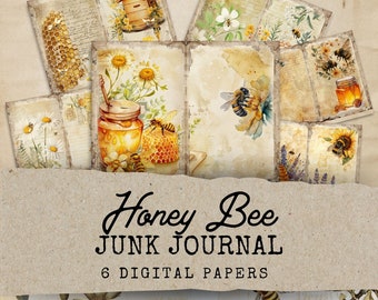 Junk Journal Kit Bee Keeper, Honey Bee Junk Journal Pages, 6 Digital Journal Pages, Bee Junk Journal. Pockets, Bee Ephemera
