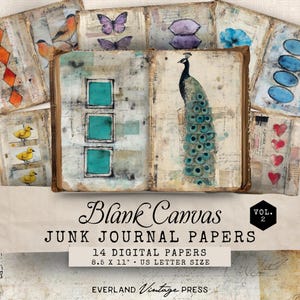 May include: A collection of digital junk journal papers with a vintage aesthetic. The open journal features a peacock illustration and teal squares. Other pages display birds, butterflies, and hearts. The text reads "Blank Canvas" and "Junk Journal Papers".