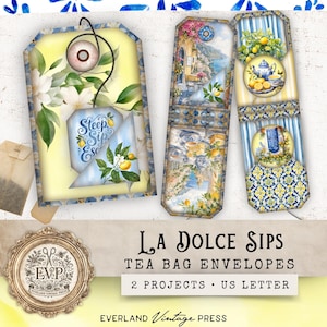 May include: Decorative tea bag envelopes with floral and lemon designs. One tag features the text "Steep Sip Escape". The envelopes are in a variety of shapes and sizes, with a vintage aesthetic. The text "La Dolce Sips" is also visible.