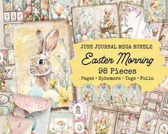 May include: A digital scrapbook kit with 98 pieces featuring an Easter theme. The kit includes pages, ephemera, tags, and a folio. The images feature bunnies, chicks, eggs, flowers, and other spring elements. The text on the image reads "JUNK JOURNAL MEGA BUNDLE Easter Morning 98 Pieces Pages Ephemera Tags Folio EVERLAND Vintage PRESS".