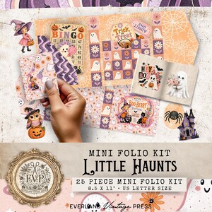 以下が含まれることがあります： Little Hauntsと題された25ピースのミニフォリオキットで、サイズは21.59 x 27.94 cmです。このキットには、パステルオレンジと紫の色調で、幽霊、魔女、フクロウ、クモ、ビンゴカード、Trick or Treatタグなどのハロウィーンをテーマにした紙の装飾品が含まれています。