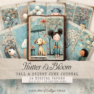 May include: A set of digital papers with a vintage, whimsical design. The papers showcase illustrations of a girl, a dog, and other delightful elements. The text "Flutter & Bloom" is visible, along with the dimensions 21.59 x 27.94 cm.