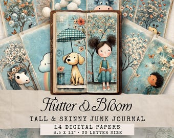 Könnte beinhalten: Eine Sammlung digitaler Papiere im Vintage-Stil mit verspielten Illustrationen. Die Papiere zeigen Illustrationen eines Mädchens, eines Hundes und anderer bezaubernder Elemente. Der Text "Flutter & Bloom" ist zu sehen, zusammen mit den Maßen 21,59 x 27,94 cm.