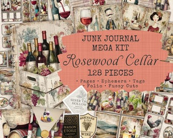 May include: A collection of vintage-style paper ephemera for junk journals. The "Rosewood Cellar" kit includes 128 pieces with wine-themed illustrations, including bottles, glasses, and grapes. The kit also includes pages, tags, and fussy cuts.