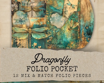 Junk Journal Folio Dragonfly, 12 Printable Pocket Ephemera, Dragonfly Junk Journal Kit Extras, Ephemera Cards, Digital Collage