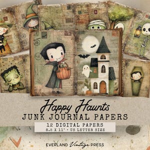 May include: A collection of Halloween-themed junk journal papers. The central image features a vampire holding a pumpkin basket, a haunted house, and a ghost. The papers are 8.5 x 11 inches in size, with the text "Happy Haunts" and "Junk Journal Papers".