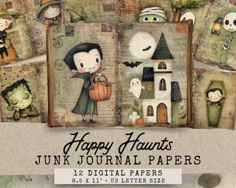 Puede incluir: Una colección de papeles de diario basura con temática de Halloween. La imagen central presenta un vampiro con una cesta de calabazas, una casa embrujada y un fantasma. Los papeles miden 21,6 x 27,9 cm, con el texto "Happy Haunts" y "Junk Journal Papers".