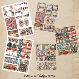 May include: A set of digital scrapbook paper featuring a patriotic theme with red, white, and blue colors. The paper includes images of an eagle, a truck, fireworks, and stars. The paper is perfect for creating patriotic crafts and projects.