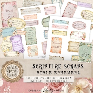 May include: A collection of scripture scraps and bible ephemera. The image features various paper cutouts with floral accents and inspirational quotes like "Trust in the Lord" and "Be still, and know that I am God." The set includes 60 pieces, 8.5 x 11 inches.