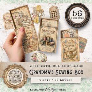 May include: A collection of vintage-style paper craft elements titled Grandma's Sewing Box, featuring 56 items including matchbox-style containers, sewing-themed labels, spools of thread, buttons, and needles with floral and antique illustrations.