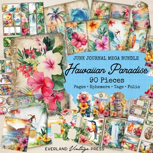 Hawaii Junk Journal Bundle-90 Pieces, Hawaii Travel Ephemera, Junk Journal Kit Hawaii Extras, Ephemera Cards, Beach Theme Junk Journal Kit