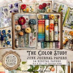 May include: A collection of vintage-style junk journal papers with floral and botanical elements. The papers feature a variety of colorful flowers, vintage ephemera, and the text "The Color Study". The papers are 8.5 x 11 inches in size.
