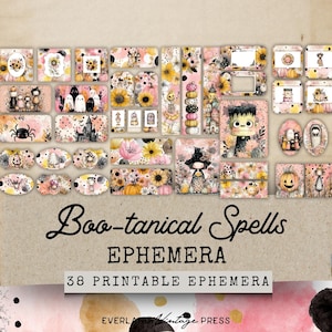 Bootanical Spells Halloween Junk Journal Ephemera, Fall Junk Journal Folio Kits Extras, 38 Printable Vintage Halloween Ephemera,Paper Craft