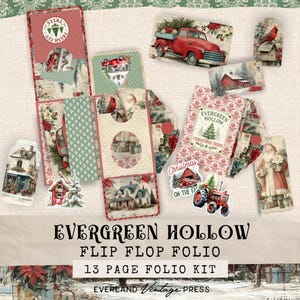 May include: A Christmas-themed flip flop folio kit with various decorative elements. The kit includes cards and tags featuring images of red trucks, houses, Santa Claus, and a Christmas tree. The text "EVERGREEN HOLLOW" and "13 PAGE FOLIO KIT" are visible.