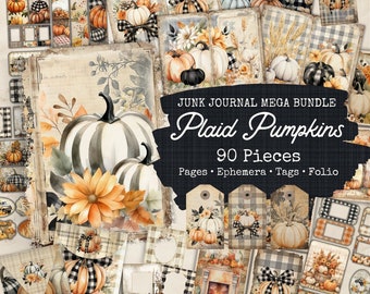 Plaid Pumpkins Junk Journal Bundle-90 Pieces, Fall Ephemera, Cozy Fall Junk Journal Kit Extras, Fall Ephemera Cards, Pumpkin Junk Journal