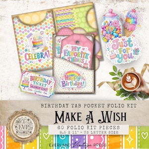 May include: A birthday tab pocket folio kit titled Make A Wish, featuring 60 pieces in 8.5 x 11 inch US letter size. The kit includes colorful polka dot pockets, gift tags, and stickers with illustrations of cakes, ice cream, and text like Just For You.