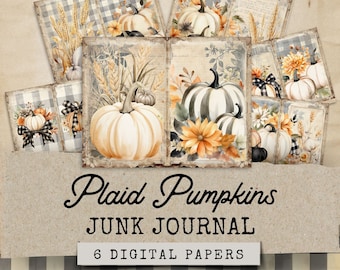 Gingham Plaid Pumpkin Journal Kit, Fall Junk Journal, Cozy Autumn Junk Journal, 6 Digital Pumpkin Ephemera Pages, Vintage Fall Ephemera