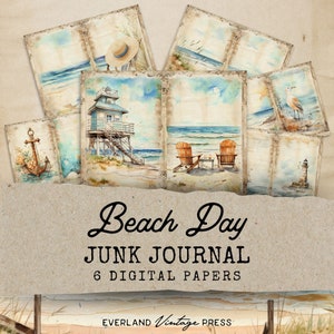 Journal indésirable sur le thème de la plage, papiers du journal indésirable sur le thème de l'océan, 6 pages de journal numérique, éphémères de plage, journal indésirable imprimable vacances à la plage