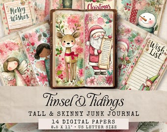 Pink Christmas Junk Journal Kit, Digital Papers Retro Christmas Junk Journal Kit, Vintage Santa Junk Journal, Winter Junk Journal