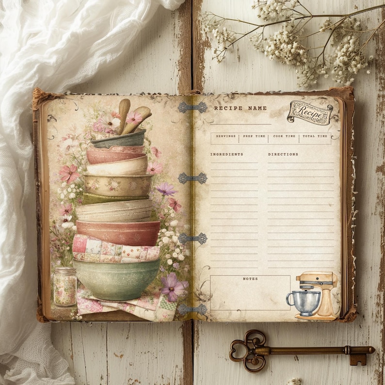 May include: Open vintage recipe book with a stack of colorful bowls and wooden spoons. The left page features a floral design with pink flowers and a stack of bowls. The right page has recipe fields and a mixer illustration.