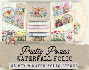 Waterfall Spring Garden Folio, Folio Kit Whimsical, Spring Folio Printable,Cottage Garden Fussy Cuts,Secret Garden Junk Journal Folio Pocket
