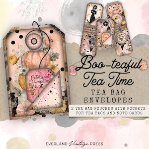 May include: A collection of decorative tea bag envelopes with a fall and Halloween theme. The envelopes feature pumpkins, floral designs, and the text "Boo-teaful Tea Time". Includes two tea bag pouches with pockets for tea bags and note cards.