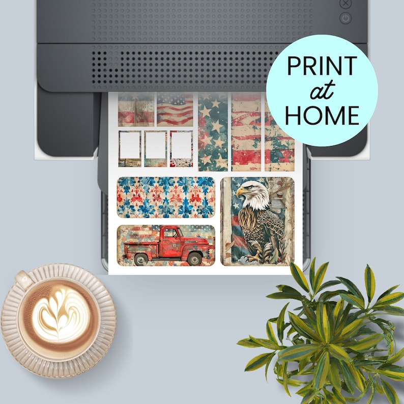 May include: Printable sticker sheet with a patriotic theme. The sheet includes images of an American flag, an eagle, a red pickup truck, and a stars and stripes pattern. The text "PRINT at HOME" is visible in the image.