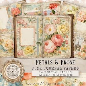 May include: A collection of vintage-style junk journal papers with floral designs. The papers feature roses and other flowers in shades of pink, yellow, and peach. The text "Petals & Prose" and "Junk Journal Papers" are displayed. The papers are 8.5 x 11 inches.
