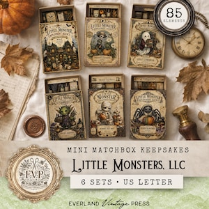 May include: Six rectangular matchbox-style boxes labeled The Little Monster Employment Agency, each featuring unique illustrations of characters like a skeleton, ghost, and spider. The set includes 85 elements, vintage-style typography, and decorative borders.