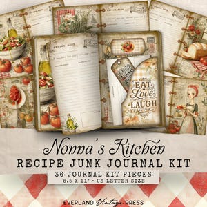 May include: A vintage-style recipe journal kit with pages featuring illustrations of food, olive oil bottles, and tomatoes. The kit includes decorative tags and inserts with the phrases "Eat Love Laugh" and "Nonna's Kitchen". The journal is 8.5 x 11 inches.